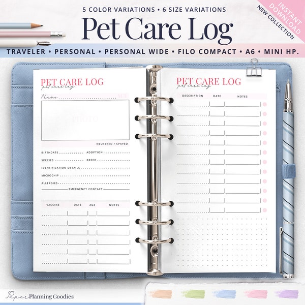 Pet Information Planner, Pet Care Log, Vaccination Tracker, Animal Health Template, Pet Planner Insert, A6, Personal Size, Wide, Traveler's