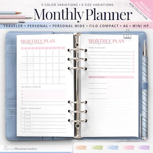 Puede incluir: Un planificador de cuero azul con un inserto de planificador mensual. El planificador está abierto, revelando un diseño de calendario y secciones para notas. El texto "Monthly Planner" es visible. Un bolígrafo y un accesorio de cuero rosa están al lado.