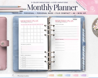 Undated Monthly Planner, A6 Monthly Planner, Personal Wide Planner, Simple Planner Insert, Undated Traveler, Printable Discbound, HP Mini