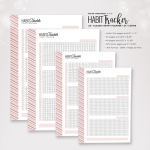 May include: Four printable habit tracker pages in different sizes: Letter, A5, A4, and HP Classic. The pages are white with black grid lines and pink and black stripes. The text "HABIT Tracker" appears on each page.