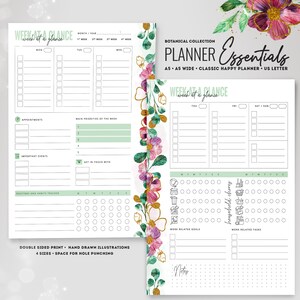 May include: A printable planner with a floral design and gold accents. The planner includes sections for appointments, important events, routines and habits, work related goals, work related tasks, and notes. The planner is available in four sizes and has space for hole punching.