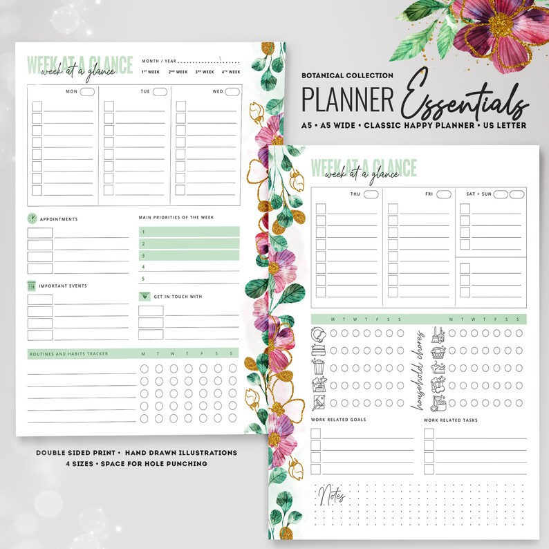 May include: A printable planner with a floral design and gold accents. The planner includes sections for appointments, important events, routines and habits, work related goals, work related tasks, and notes. The planner is available in four sizes and has space for hole punching.
