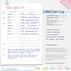 Puede incluir: Planificador de inserci&oacute;n de registro de cuidado de mascotas imprimible con un esquema de color rosa y azul. El planificador incluye secciones para la fecha, la descripci&oacute;n y las notas. El texto "Pet Care Log" est&aacute; en la parte superior de la p&aacute;gina. El planificador est&aacute; disponible en seis tama&ntilde;os y cinco variaciones de color. El texto "Planner Insert" est&aacute; en la parte inferior de la p&aacute;gina.