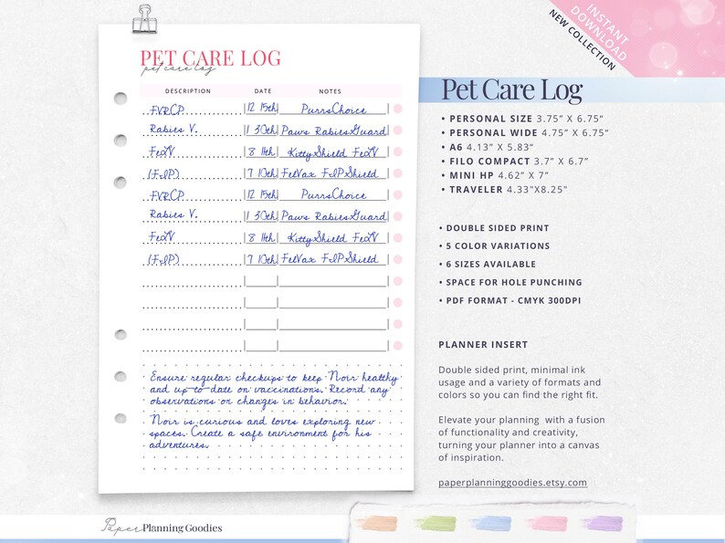 Puede incluir: Planificador de inserci&oacute;n de registro de cuidado de mascotas imprimible con un esquema de color rosa y azul. El planificador incluye secciones para la fecha, la descripci&oacute;n y las notas. El texto "Pet Care Log" est&aacute; en la parte superior de la p&aacute;gina. El planificador est&aacute; disponible en seis tama&ntilde;os y cinco variaciones de color. El texto "Planner Insert" est&aacute; en la parte inferior de la p&aacute;gina.