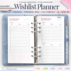 Può includere: Un inserto per planner di due pagine con sfondo bianco e linee nere. L'inserto è etichettato "Wishlist" e ha colonne per categoria, articolo, negozio e prezzo. L'inserto è progettato per essere utilizzato in un planner a spirale.