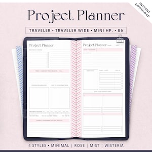Può includere: Un project planner con il testo "Project Planner" e "Instant Download". Il planner è aperto, rivelando pagine a righe con accenti rosa. Il design include sezioni per obiettivi, compiti e monitoraggio dei progressi. Disponibile in 4 stili.