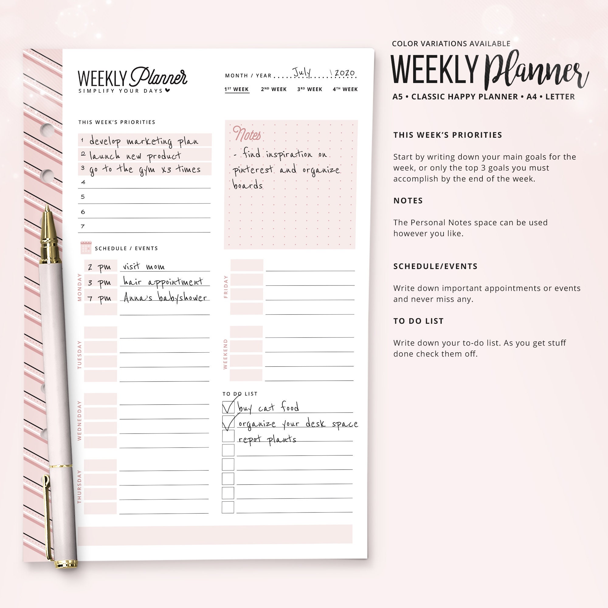 Weekly Planner Printable Happy Planner Insert HP Classic A5 - Etsy