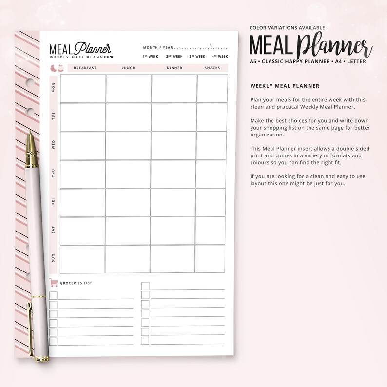 May include: A weekly meal planner with a pink and white striped border and a gold pen. The planner has a grid layout for daily meal planning, with sections for breakfast, lunch, dinner, and snacks. Text on the planner reads "MEAL Planner" and "WEEKLY MEAL PLANNER".