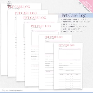 Puede incluir: Cinco plantillas de registro de cuidado de mascotas imprimibles de diferentes tama&ntilde;os. Las plantillas son blancas con texto negro y acentos rosados. El texto incluye "Pet Care Log" y los diferentes tama&ntilde;os disponibles: Personal Size, Personal Wide, A6, Filo Compact, Mini HP y Traveler. Los tama&ntilde;os se enumeran en pulgadas.