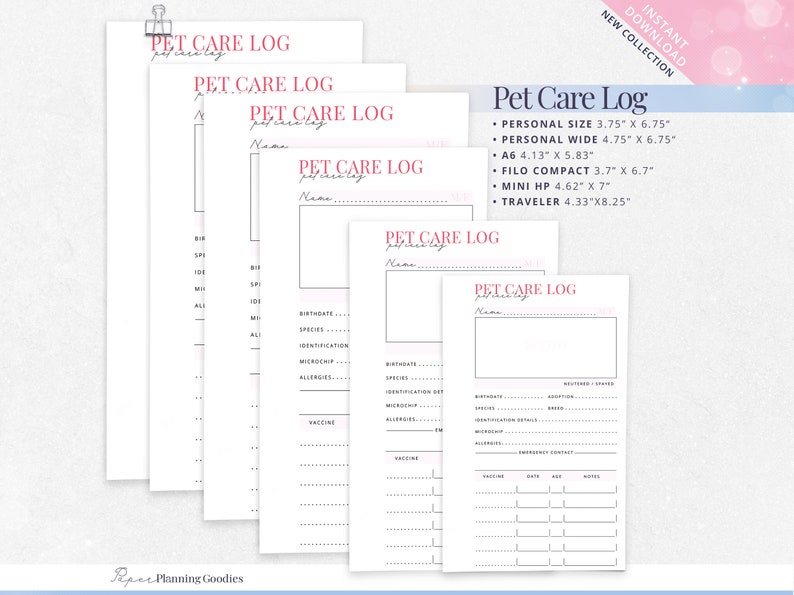 Puede incluir: Cinco plantillas de registro de cuidado de mascotas imprimibles de diferentes tama&ntilde;os. Las plantillas son blancas con texto negro y acentos rosados. El texto incluye "Pet Care Log" y los diferentes tama&ntilde;os disponibles: Personal Size, Personal Wide, A6, Filo Compact, Mini HP y Traveler. Los tama&ntilde;os se enumeran en pulgadas.
