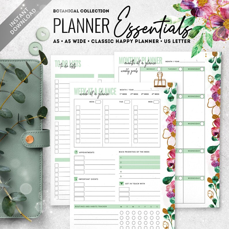 May include: A printable planner page with a floral design. The page includes sections for to-do lists, appointments, important events, and a weekly and monthly planner. The text "Botanical Collection Planner Essentials" is at the top of the page.