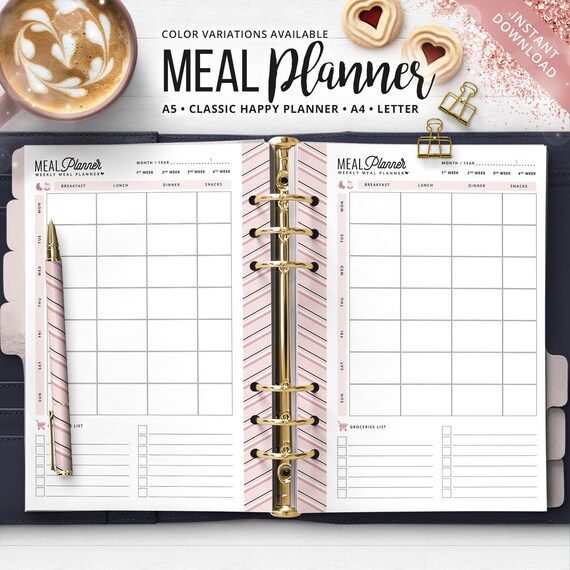 Weekly Meal Planner Insert for HP Classic | A5 | Letter | A4  Meal Planner with Grocery List | Printable Meal Planning Sheet