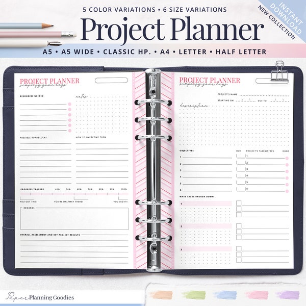 Project Planner Insert, Project & Goal Tracker Refill, Work Planner, Project Plan, A5/HP Classic/HP Big/A4 Ring Binder Inserts Refillable