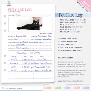 Puede incluir: Inserci&oacute;n de planificador de registro de cuidado de mascotas imprimible con una ilustraci&oacute;n de un gato negro. La inserci&oacute;n de planificador est&aacute; disponible en seis tama&ntilde;os y cinco colores. El texto en la inserci&oacute;n de planificador dice "Pet Care Log" e incluye detalles sobre el gato, como su fecha de nacimiento, fecha de adopci&oacute;n, especie, raza, detalles de identificaci&oacute;n, n&uacute;mero de microchip, alergias y datos de contacto de emergencia. La inserci&oacute;n de planificador tambi&eacute;n incluye una secci&oacute;n para registros de vacunas, con columnas para el nombre de la vacuna, la fecha, la edad y las notas.