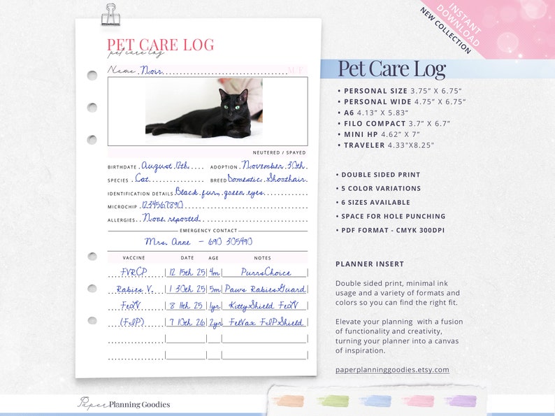 Puede incluir: Inserci&oacute;n de planificador de registro de cuidado de mascotas imprimible con una ilustraci&oacute;n de un gato negro. La inserci&oacute;n de planificador est&aacute; disponible en seis tama&ntilde;os y cinco colores. El texto en la inserci&oacute;n de planificador dice "Pet Care Log" e incluye detalles sobre el gato, como su fecha de nacimiento, fecha de adopci&oacute;n, especie, raza, detalles de identificaci&oacute;n, n&uacute;mero de microchip, alergias y datos de contacto de emergencia. La inserci&oacute;n de planificador tambi&eacute;n incluye una secci&oacute;n para registros de vacunas, con columnas para el nombre de la vacuna, la fecha, la edad y las notas.