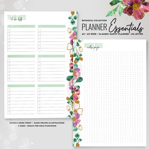 May include: A printable planner page with a floral design and a dotted grid. The page is titled "Planner Essentials" and includes the text "Botanical Collection" and "Notes Page".