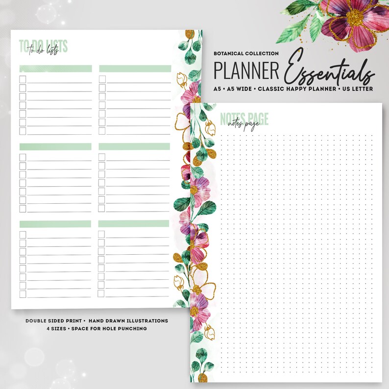 May include: A printable planner page with a floral design and a dotted grid. The page is titled "Planner Essentials" and includes the text "Botanical Collection" and "Notes Page".