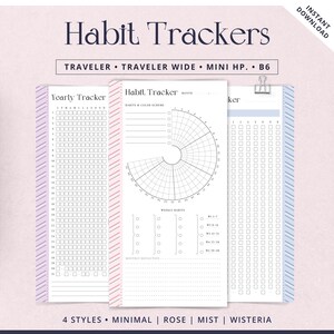 May include: Digital habit trackers in various styles, including Traveler, Traveler Wide, Mini HP, and B6. The trackers feature yearly, monthly, and weekly habit tracking layouts. The design includes a light blue planner, and the text "Habit Trackers" is displayed at the top.