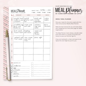 May include: A weekly meal planner with a pink and white striped border. The planner includes sections for breakfast, lunch, dinner, and snacks, with space to write meal ideas. It also has a grocery list section. The text "MEAL Planner" is at the top.