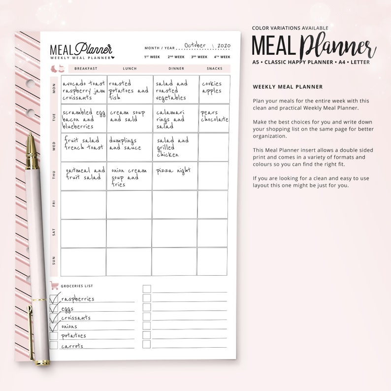 May include: A weekly meal planner with a pink and white striped border. The planner includes sections for breakfast, lunch, dinner, and snacks, with space to write meal ideas. It also has a grocery list section. The text "MEAL Planner" is at the top.