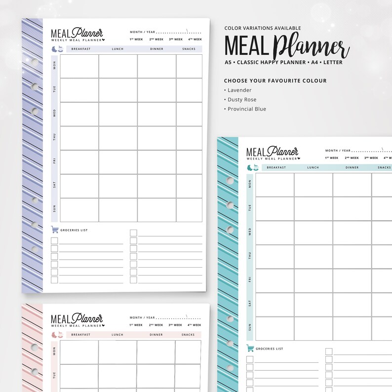 May include: Meal planner inserts in A5, Classic Happy Planner, A4, and Letter sizes. The weekly meal planner includes sections for breakfast, lunch, dinner, and snacks, with a groceries list. Color options include lavender, dusty rose, and provincial blue.