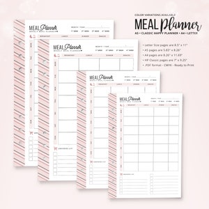 May include: A stack of meal planner pages with a pink and white striped design. The pages are labeled with sections for breakfast, lunch, dinner, and snacks. The text "MEAL Planner" is at the top of each page. The planner is available in various sizes.