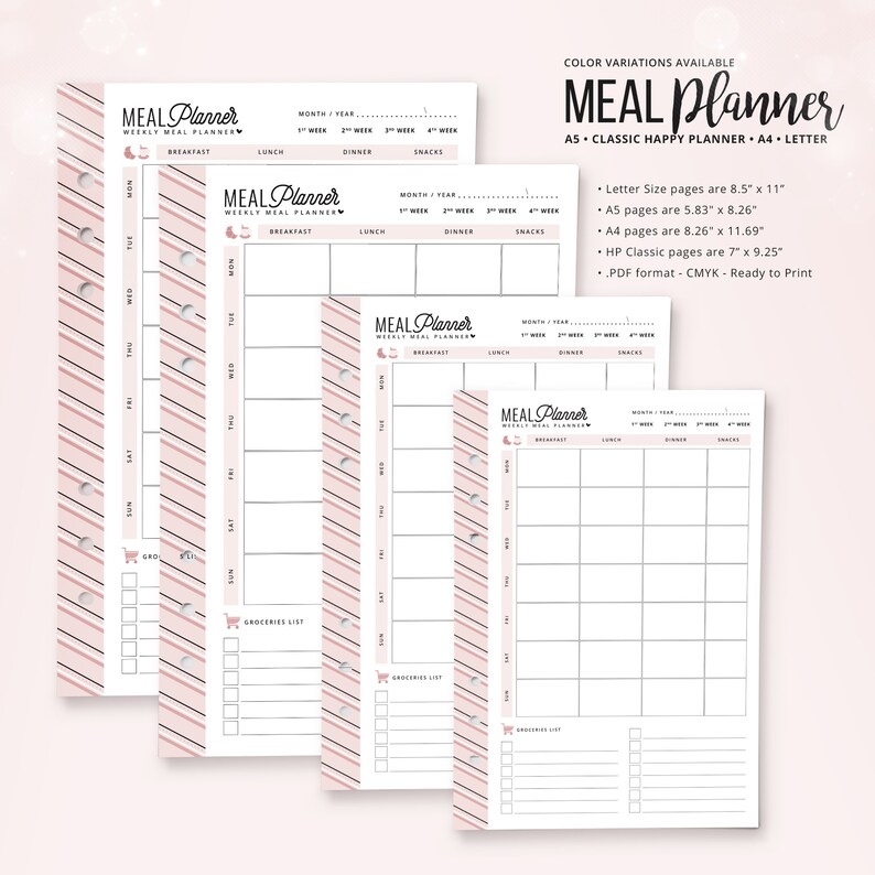May include: A stack of meal planner pages with a pink and white striped design. The pages are labeled with sections for breakfast, lunch, dinner, and snacks. The text "MEAL Planner" is at the top of each page. The planner is available in various sizes.