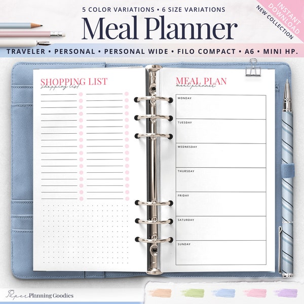 Meal Planner Inserts, Weekly Meal Planner, A6 Meal Planner, Grocery List, 7 Day Menu Plan, Food Planner, Grocery Shopping List, Personal