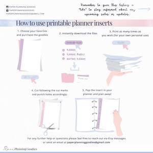 Puede incluir: Una gu&iacute;a sobre c&oacute;mo usar insertos de planificador imprimibles. La gu&iacute;a incluye cinco pasos con ilustraciones. Paso 1: Elige tus favoritos y compra los productos. Paso 2: Descarga los archivos instant&aacute;neamente. Paso 3: Imprime tantas veces como quieras (para tu propio uso personal). Paso 4: Corta siguiendo las marcas de corte y perfora los agujeros en consecuencia. Paso 5: Coloca el inserto en tu planificador y &iexcl;planifica!
