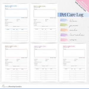 Puede incluir: Plantilla de registro de cuidado de mascotas imprimible con un fondo de acuarela azul claro, verde, nude, lavanda y rosa. La plantilla incluye secciones para informaci&oacute;n de la mascota, detalles de vacunaci&oacute;n, contacto de emergencia y un registro para realizar un seguimiento de la alimentaci&oacute;n, la medicaci&oacute;n y otros cuidados.