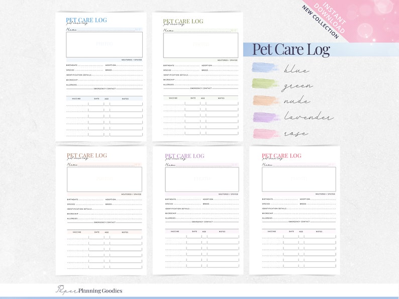 Puede incluir: Plantilla de registro de cuidado de mascotas imprimible con un fondo de acuarela azul claro, verde, nude, lavanda y rosa. La plantilla incluye secciones para informaci&oacute;n de la mascota, detalles de vacunaci&oacute;n, contacto de emergencia y un registro para realizar un seguimiento de la alimentaci&oacute;n, la medicaci&oacute;n y otros cuidados.