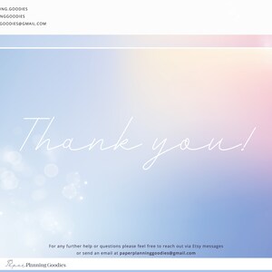 Puede incluir: Un mensaje de agradecimiento con un fondo degradado azul claro y rosa. El texto "&iexcl;Gracias!" est&aacute; escrito en blanco en cursiva. El texto "Para cualquier ayuda o pregunta adicional, no dude en comunicarse a trav&eacute;s de los mensajes de Etsy o enviar un correo electr&oacute;nico a paperplanninggoodies@gmail.com" est&aacute; escrito en negro. El texto "Paper Planning Goodies" est&aacute; escrito en negro en cursiva.