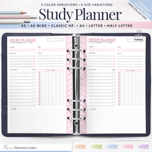 Printable Daily Study Planner, A4, A5 Wide, US Letter Printable Inserts, Schedule Template, Student Timetable, College Planner, Study Guide