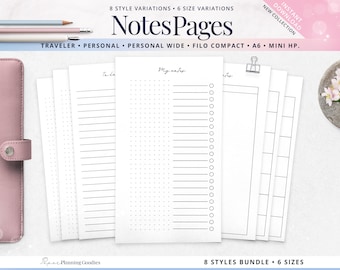 Printable Notes Pages, Lined Notes Planner Inserts, To Do List, Dot, Lined Memo Pages, Basic Notes Paper Set, Personal Size, Traveler, A6