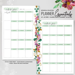 May include: A printable monthly planner with a floral design. The planner is divided into sections for each day of the week and includes space for weekly goals. The planner is available in four sizes and has space for hole punching.