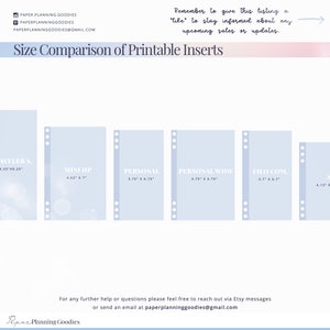 Puede incluir: Tabla de comparaci&oacute;n de tama&ntilde;os de insertos imprimibles para un planificador. La tabla muestra seis tama&ntilde;os diferentes de insertos, con sus dimensiones indicadas en pulgadas. Los insertos son todos blancos y tienen un fondo azul claro.