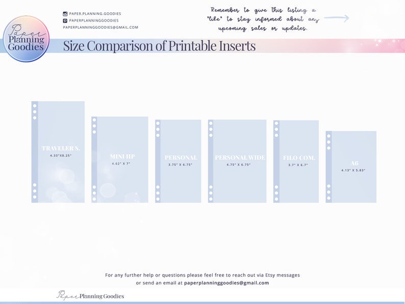 Puede incluir: Tabla de comparaci&oacute;n de tama&ntilde;os de insertos imprimibles para un planificador. La tabla muestra seis tama&ntilde;os diferentes de insertos, con sus dimensiones indicadas en pulgadas. Los insertos son todos blancos y tienen un fondo azul claro.