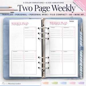 Week On Two Pages, Personal Size Weekly Planner, A6 Weekly, Vertical Box Weekly Planner, Traveler&#39;s Notebook, Printable Refill Inserts