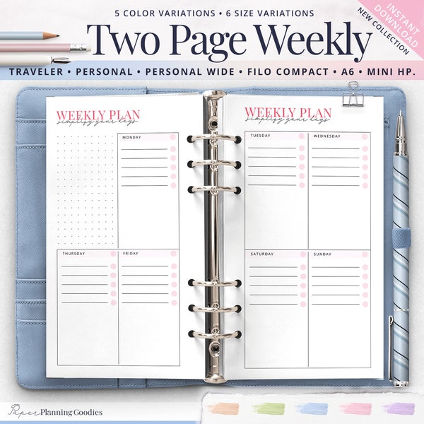 Week On Two Pages, Personal Size Weekly Planner, A6 Weekly, Vertical Box Weekly Planner, Traveler's Notebook, Printable Refill Inserts