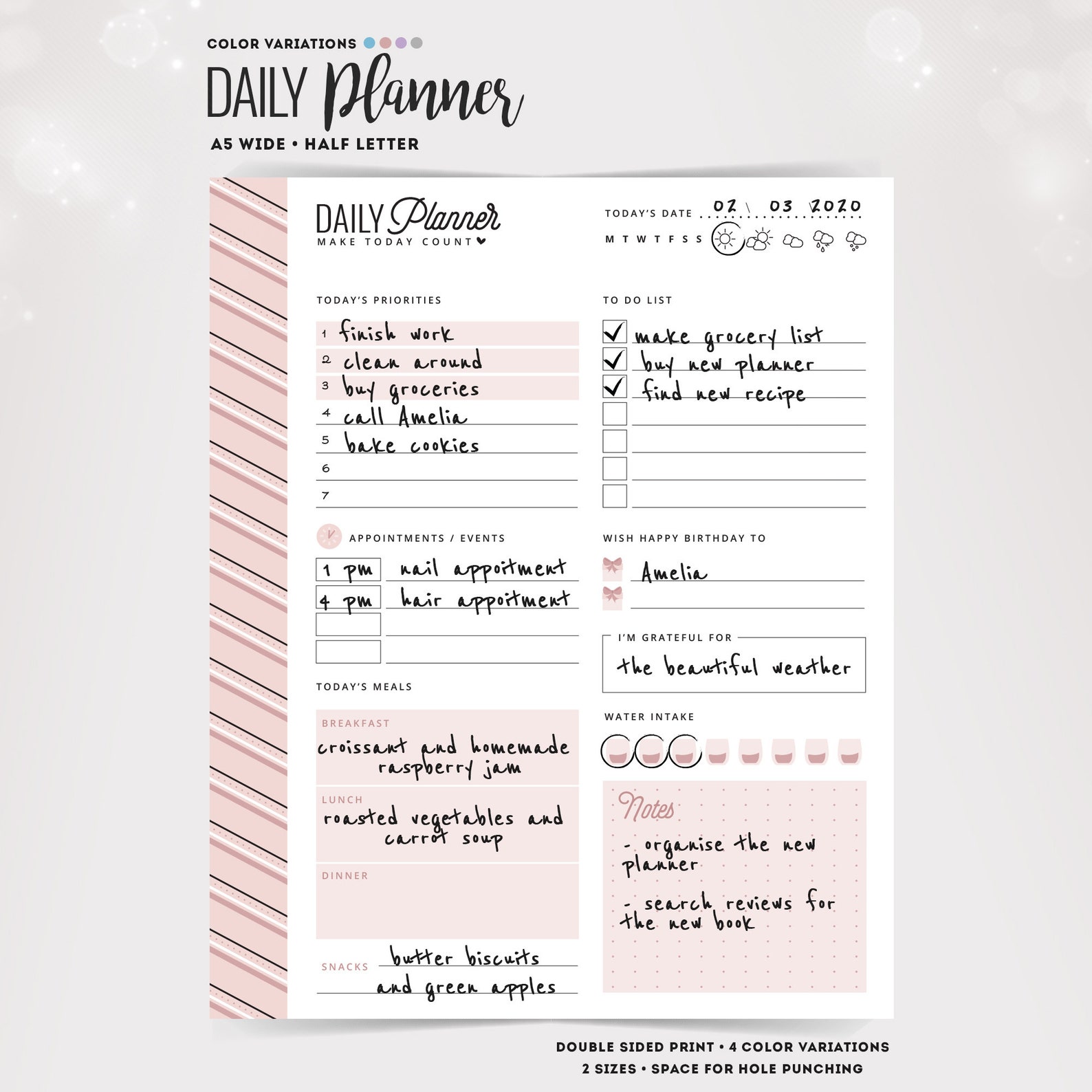 A5 Wide Daily Planner Printable, Half Letter Size (PDF) - Etsy Canada