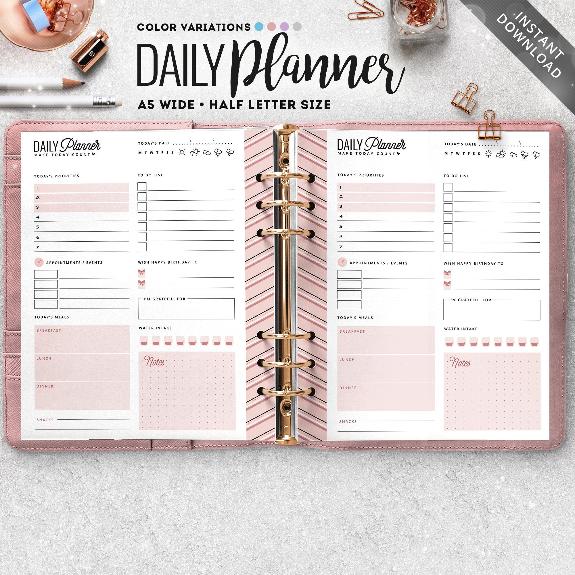 A5 Wide Daily Planner Printable, Half Letter Size (PDF) - Etsy