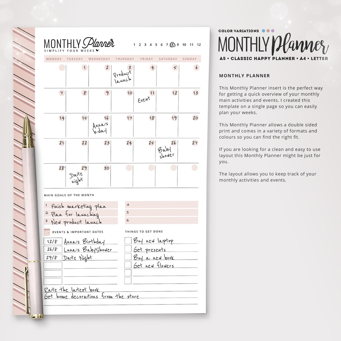 Monthly Planner Printable Happy Planner Insert HP Classic | Etsy