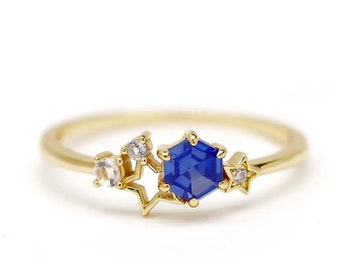 Hexagon Blue Sapphire Starlet Ring, Gemstone Bridal Ring, Gift For Women, Birthstone Ring, Promise Ring, Geometric Ring, Valentine Gift Ring