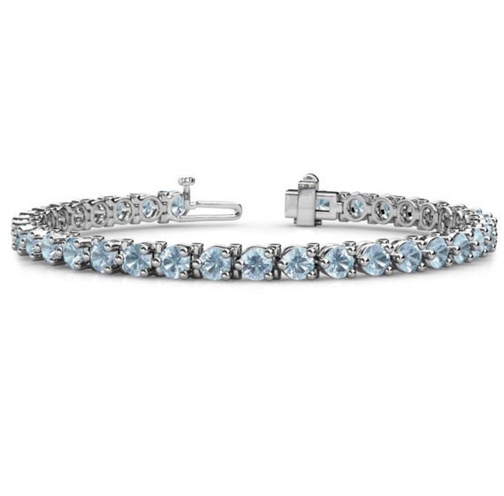 Sterling Silver Aquamarine Bracelet, Dainty Tennis Bracelet, Round