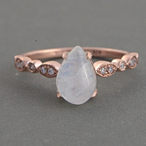 Natural Pear Shaped Moonstone Rose Plated Gold Engagement Ring Sterling Silver CZ Diamond Eternity Band Halo Anniversary Gifts for Her