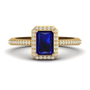 Emerald Cut Blue Sapphire Ring: Sterling Silver Halo Wedding Ring