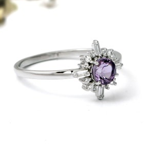 Anillo de cuarzo lavanda hecho a mano: plata de ley 925, halo de circonitas