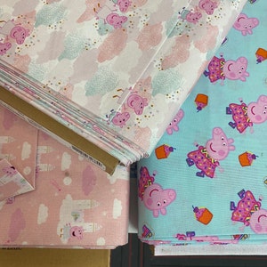 Peppa Pig and George fabrics. 100% cotton 44” wide. 3 choices. By the half metre. Quilting, sewing, crafting