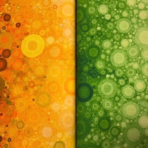 May include: Abstract artwork divided into two sections. The left side is dominated by yellow, orange, and brown circles of different sizes. The right side displays green circles. The circles overlap, producing a textured appearance.
