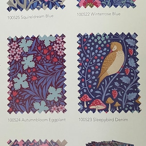 May include: A collection of five fabric swatches featuring different floral and animal designs on a blue background. The swatches are labelled with the names "Squireldream Blue", "Winterrose Blue", "Autumnbloom Eggplant", "Sleepybird Denim", and "Slumbermouse Denim".